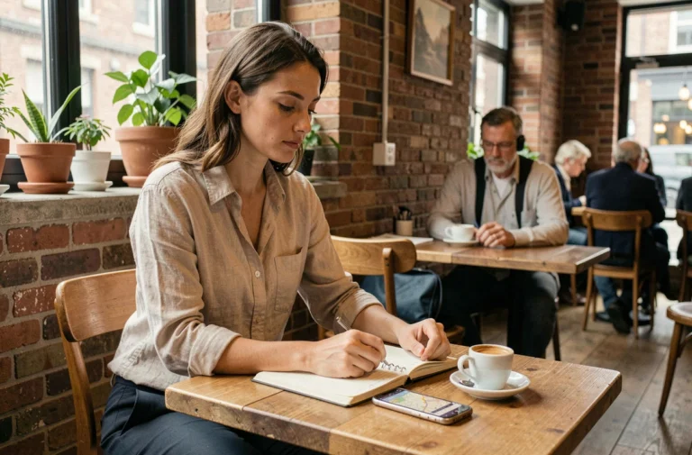 Femme planifiant un voyage dans un café avec un carnet de voyage et un smartphone affichant une carte