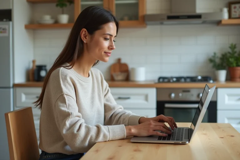 Femme souriante recherchant un bien immobilier sur son ordinateur