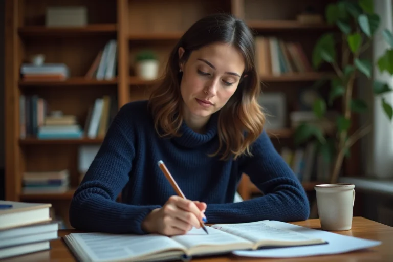 Femme concentrée révisant les règles du futur et du conditionnel en français dans un bureau à domicile avec des livres de grammaire ouverts