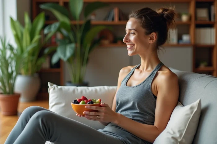 Femme détendue mangeant des fruits dans un salon cosy