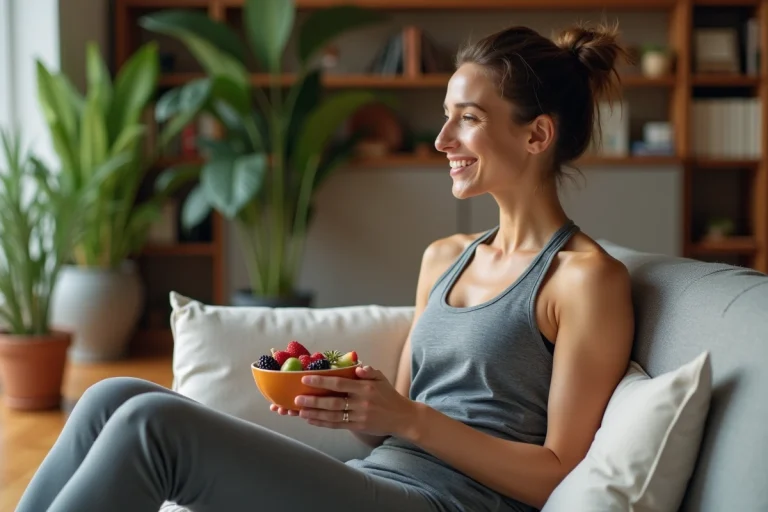 Femme détendue mangeant des fruits dans un salon cosy