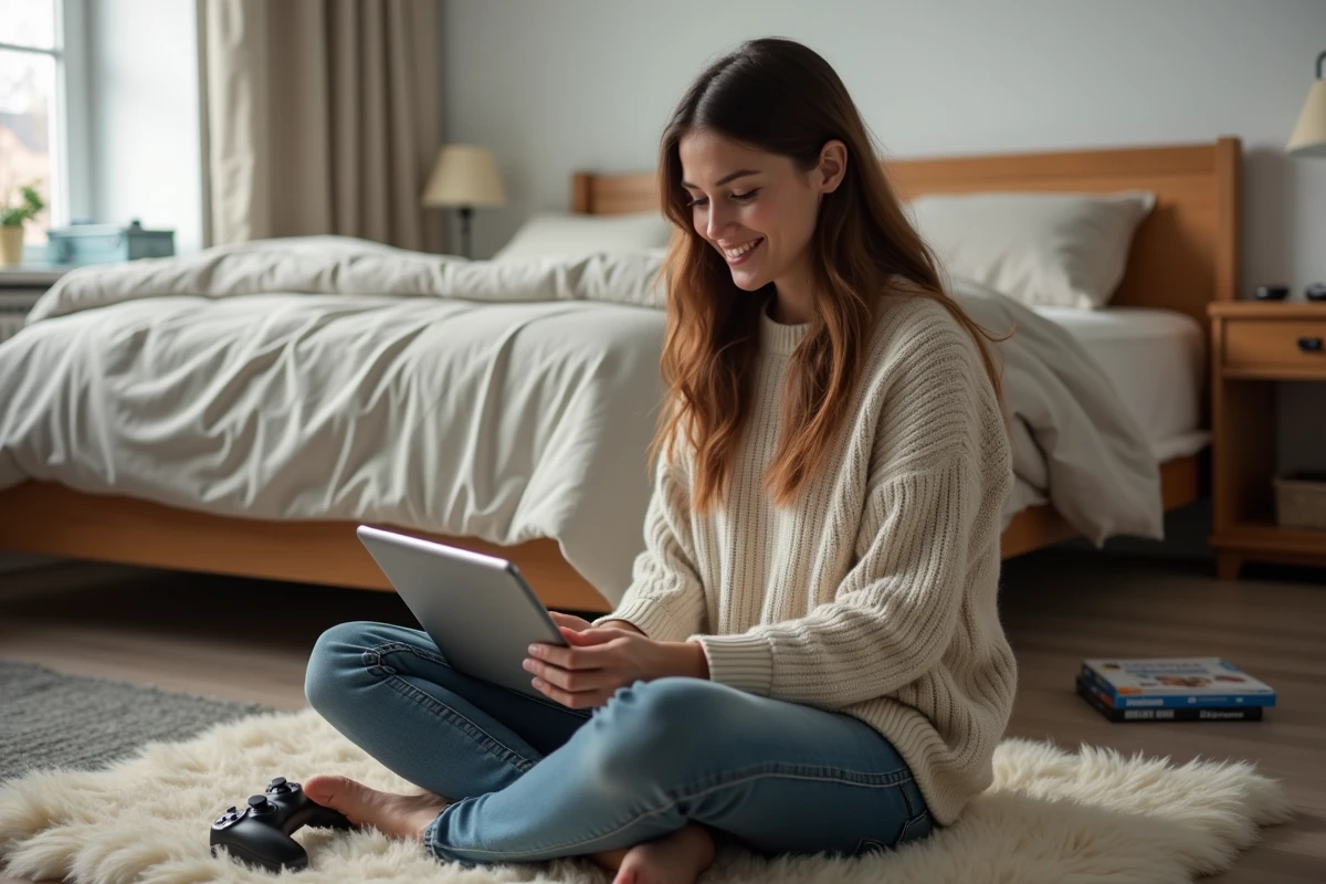 Femme souriante avec une tablette dans une chambre ordonnee