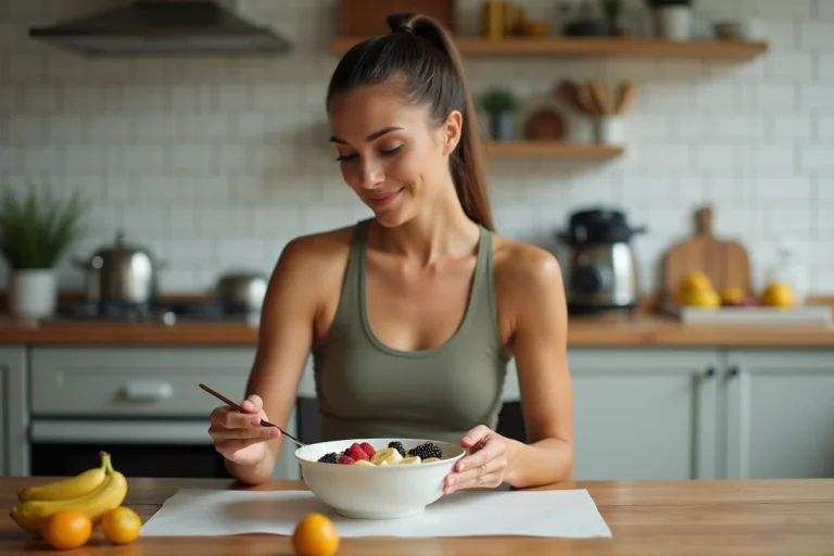 Femme sportive préparant un repas de glucides complexes avant l'entraînement avec un bol de flocons d'avoine et de fruits frais