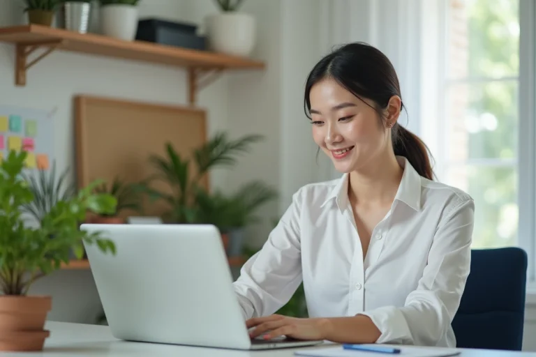 Jeune femme au bureau compare des offres d emploi