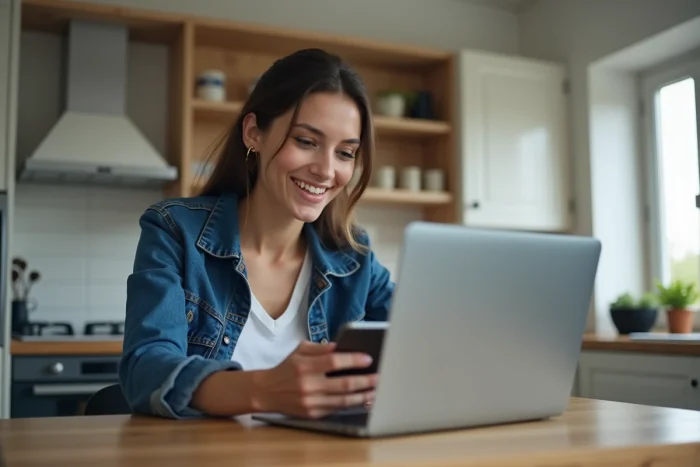 Jeune femme au travail avec ordinateur et smartphone