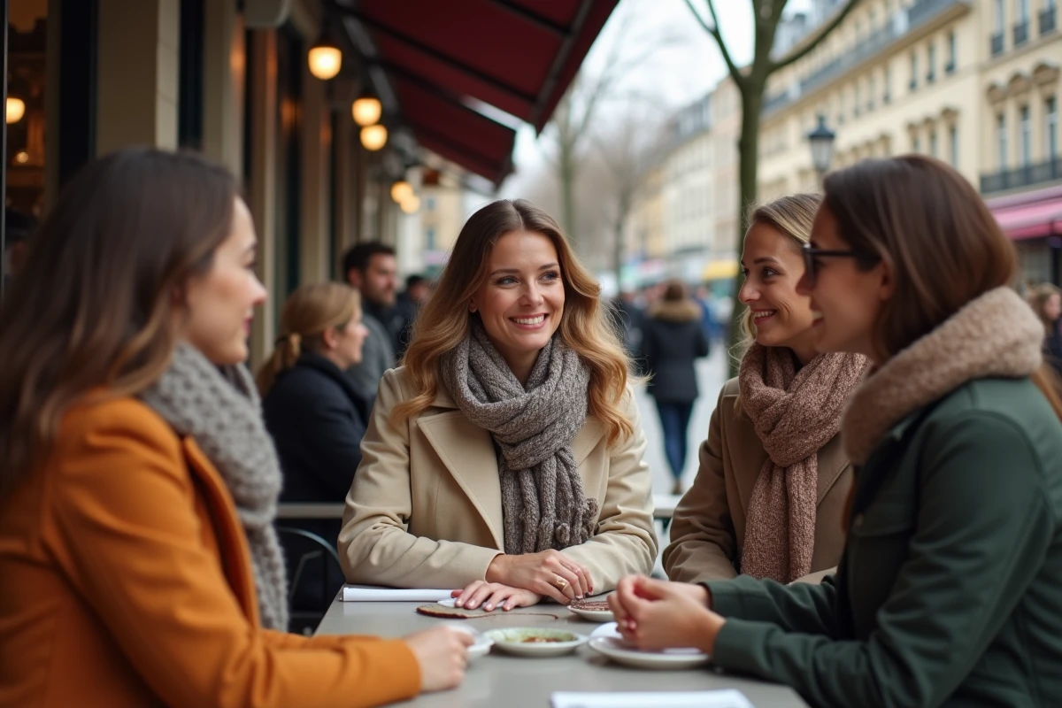 Groupe de femmes au café dans une rue parisienne