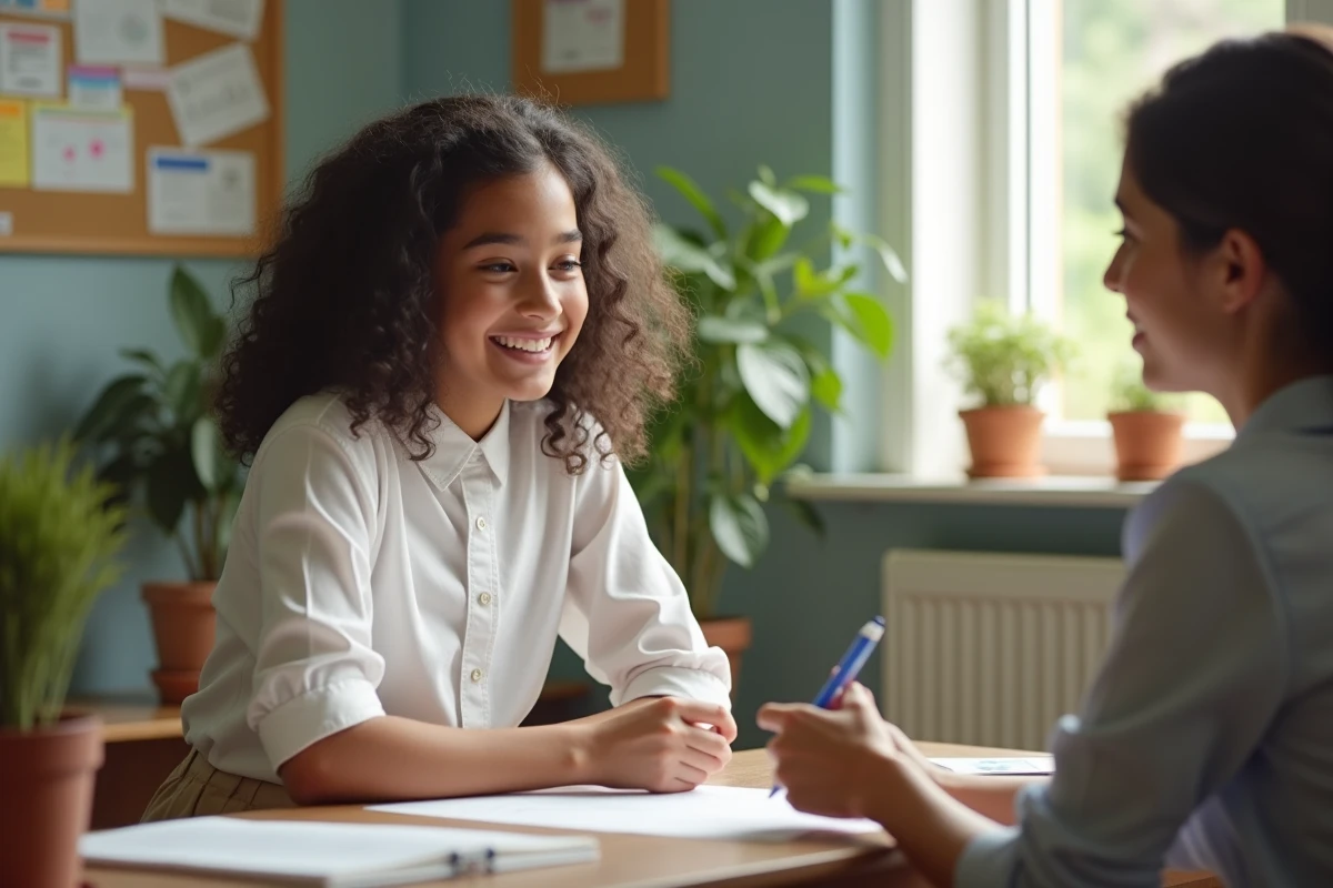 Fille de 16 ans discutant avec un conseiller scolaire