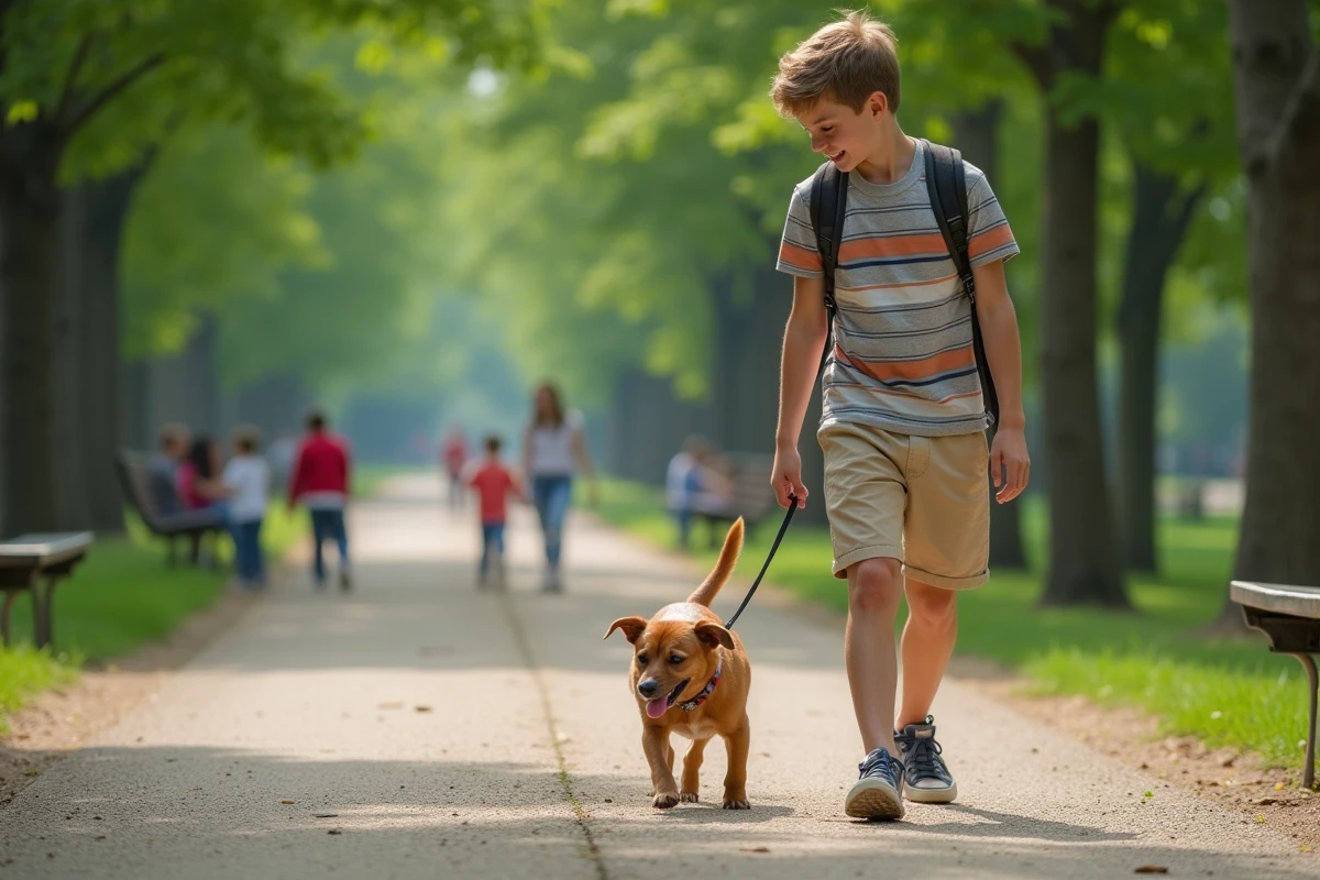 Garçon de 15 ans promène un petit chien dans un parc urbain