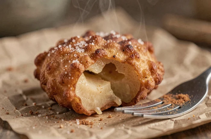 Gros plan d'un beignet aux pommes croustillant sur papier sulfurisé avec sucre à la cannelle et texture dorée détaillée