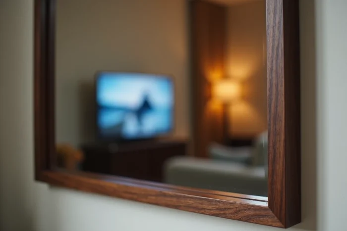 Gros plan d'un miroir en bois réfléchissant une télévision allumée dans un appartement, détail de décoration intérieure