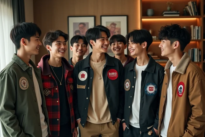 Groupe de sept jeunes hommes asiatiques en streetwear décontracté