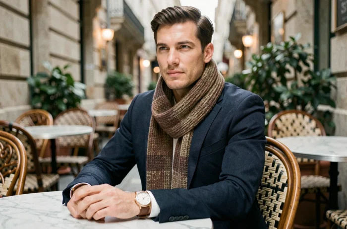 Homme élégant en blazer marine et écharpe texturée portant une montre en cuir classique à une terrasse de café parisien