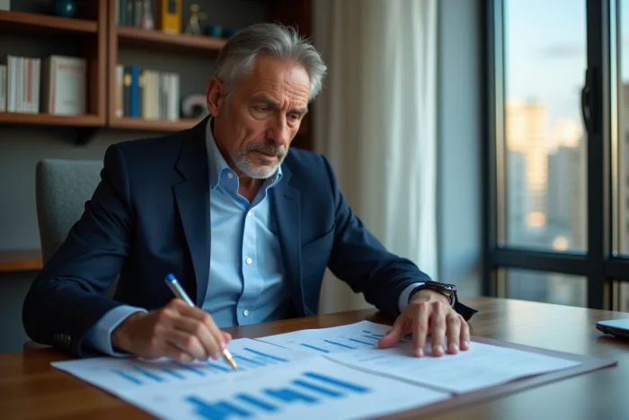 Homme d'affaires en costume bleu analysant un graphique financier