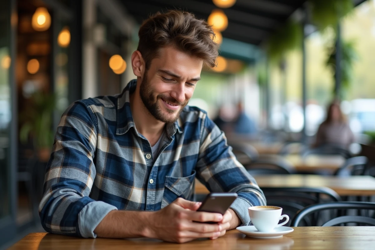Jeune homme détendu utilisant son smartphone au café