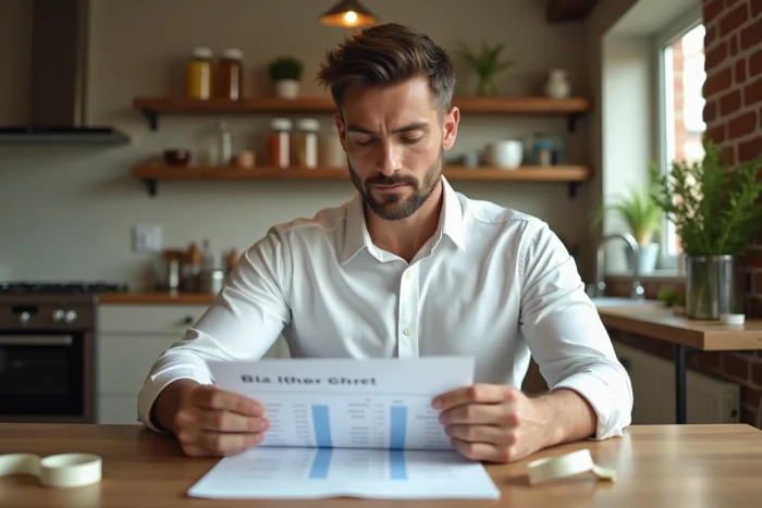 Homme consultant un tableau IMC et un mètre ruban pour calculer son poids idéal à 1m70