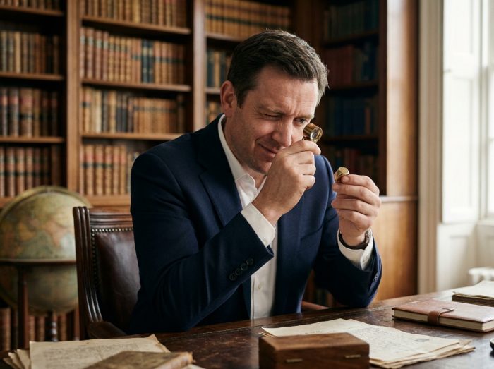 Homme en costume admirant une bague chevalière vintage en or à la loupe dans un bureau bibliothèque raffiné