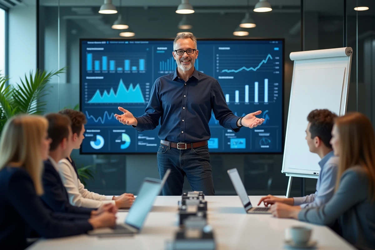 Data scientist expliquant un tableau de bord analytique