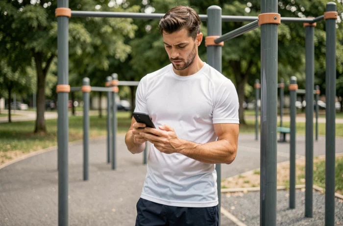 Homme débutant en fitness consultant son programme d'entraînement sur smartphone dans un parc urbain