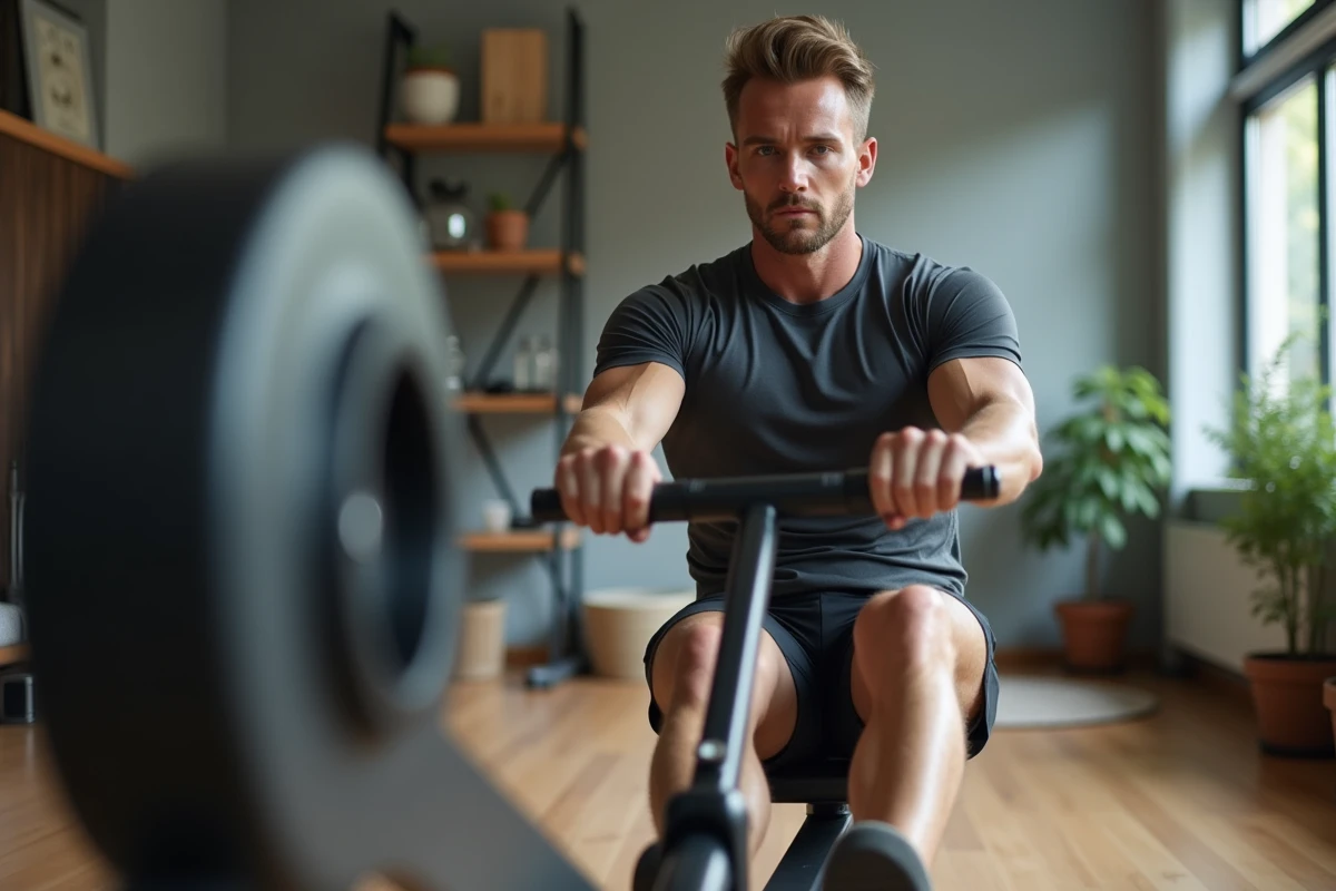 Homme entraîné utilisant rameur dans gym maison moderne