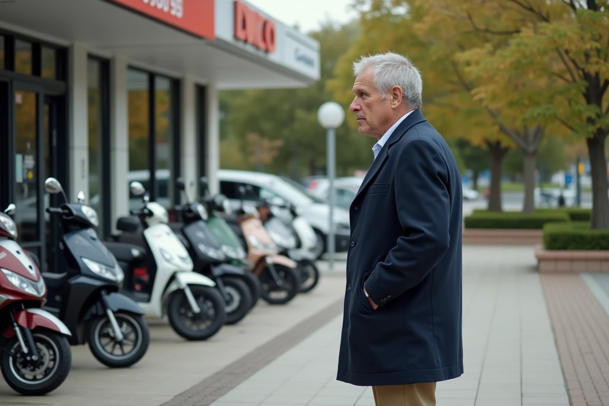 Homme regardant des scooters devant un concessionnaire