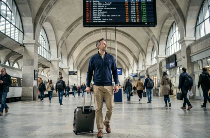 Homme tirant une valise dans une gare moderne en regardant le tableau des départs