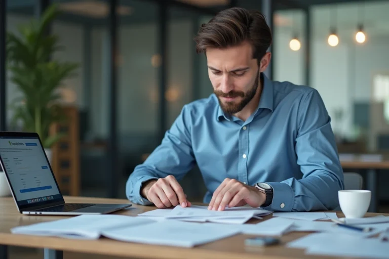 Jeune homme organisé avec ses reçus au bureau