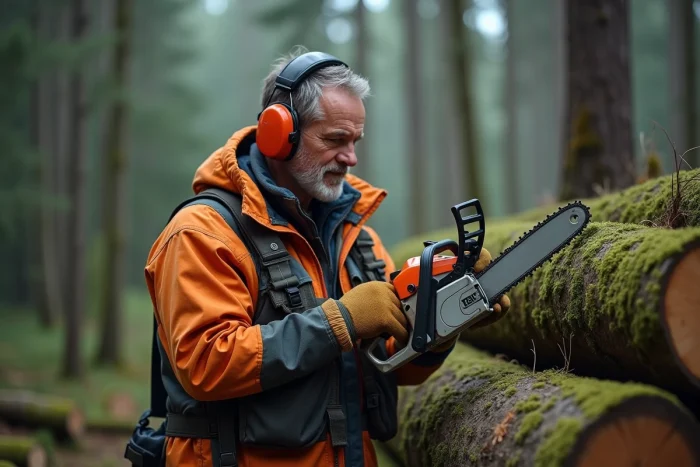Homme en tenue de travail inspectant une scie en forêt