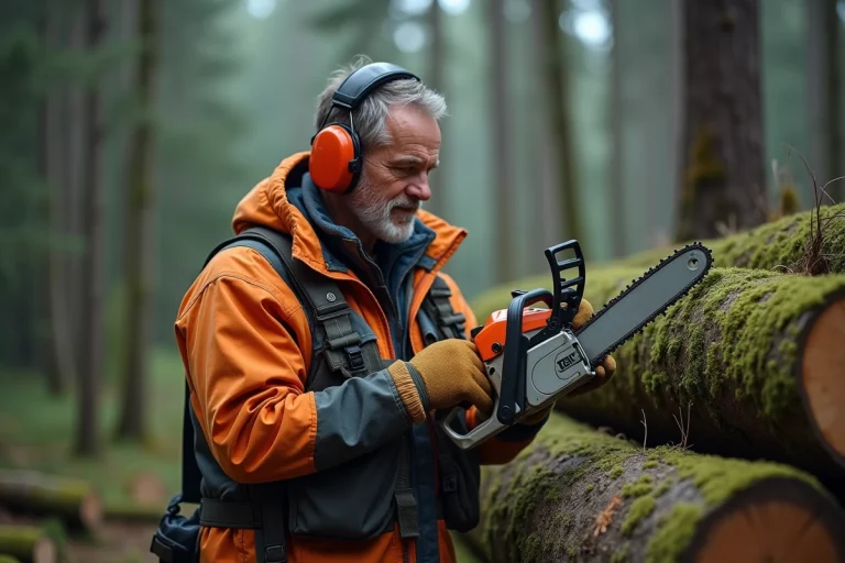 Homme en tenue de travail inspectant une scie en forêt