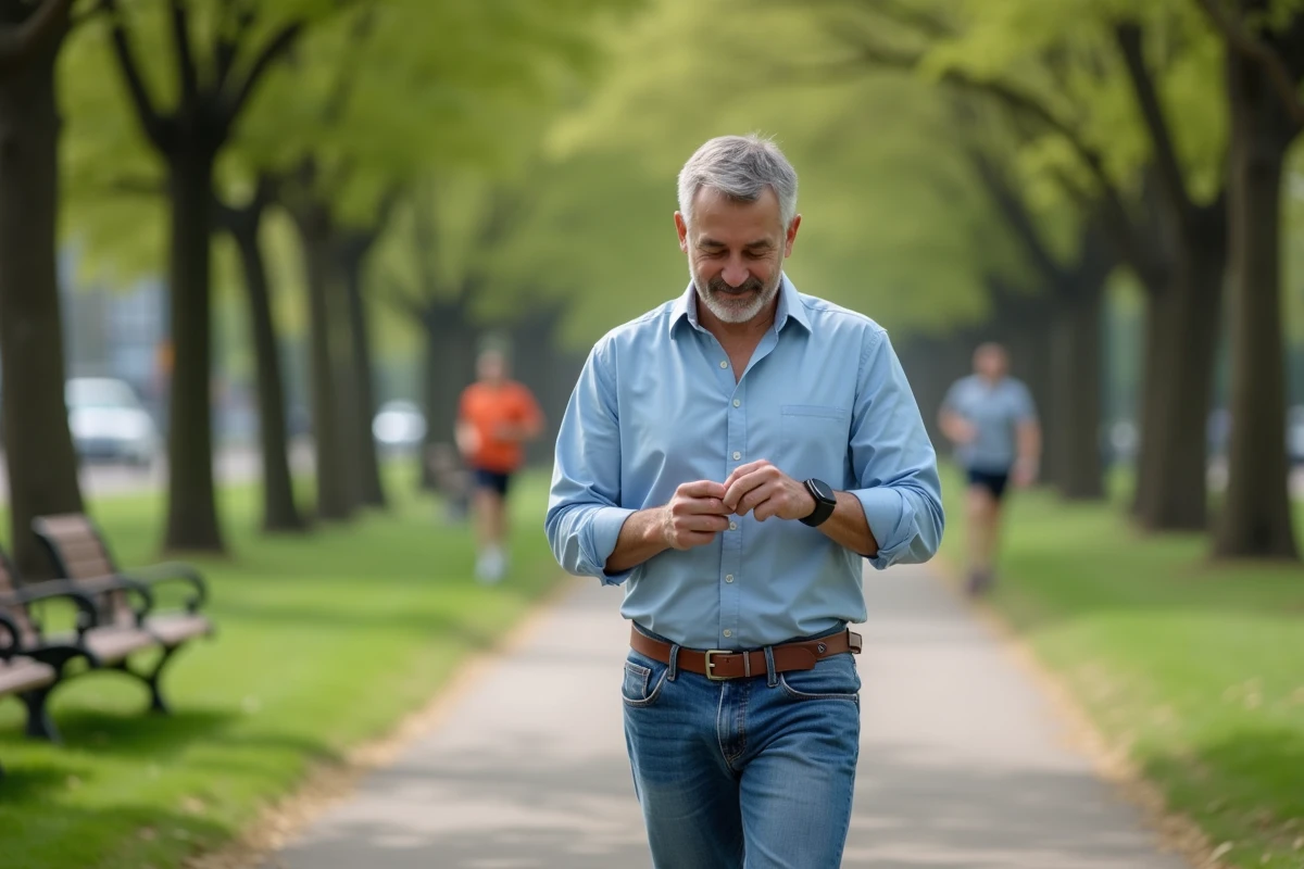 Homme marche dans un parc en vérifiant son tracker fitness