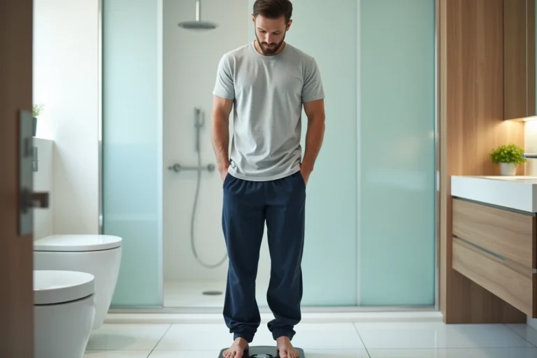 Homme mesurant 1m70 debout sur un pèse-personne numérique dans une salle de bain moderne pour calculer son poids idéal