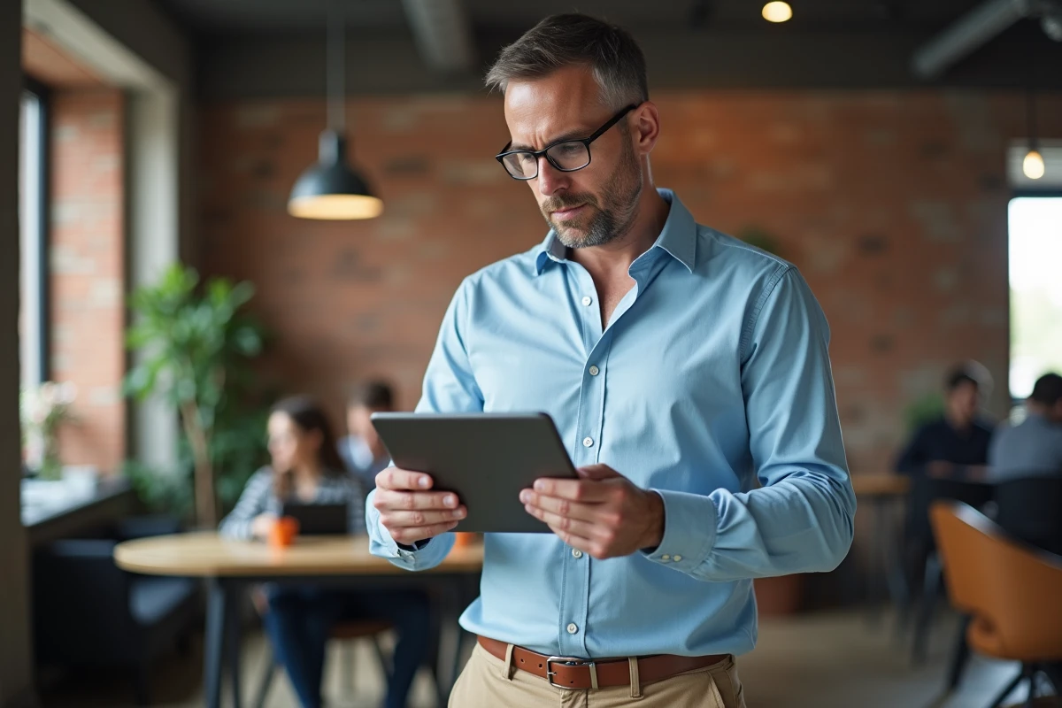 Homme d age moyen utilise une tablette dans un espace de coworking