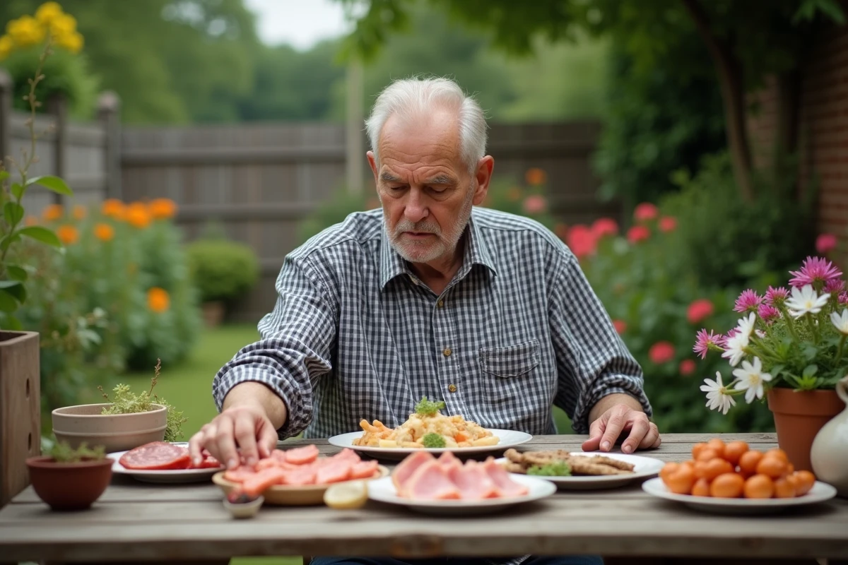 Homme âgé regardant ses plats de charcuterie en extérieur