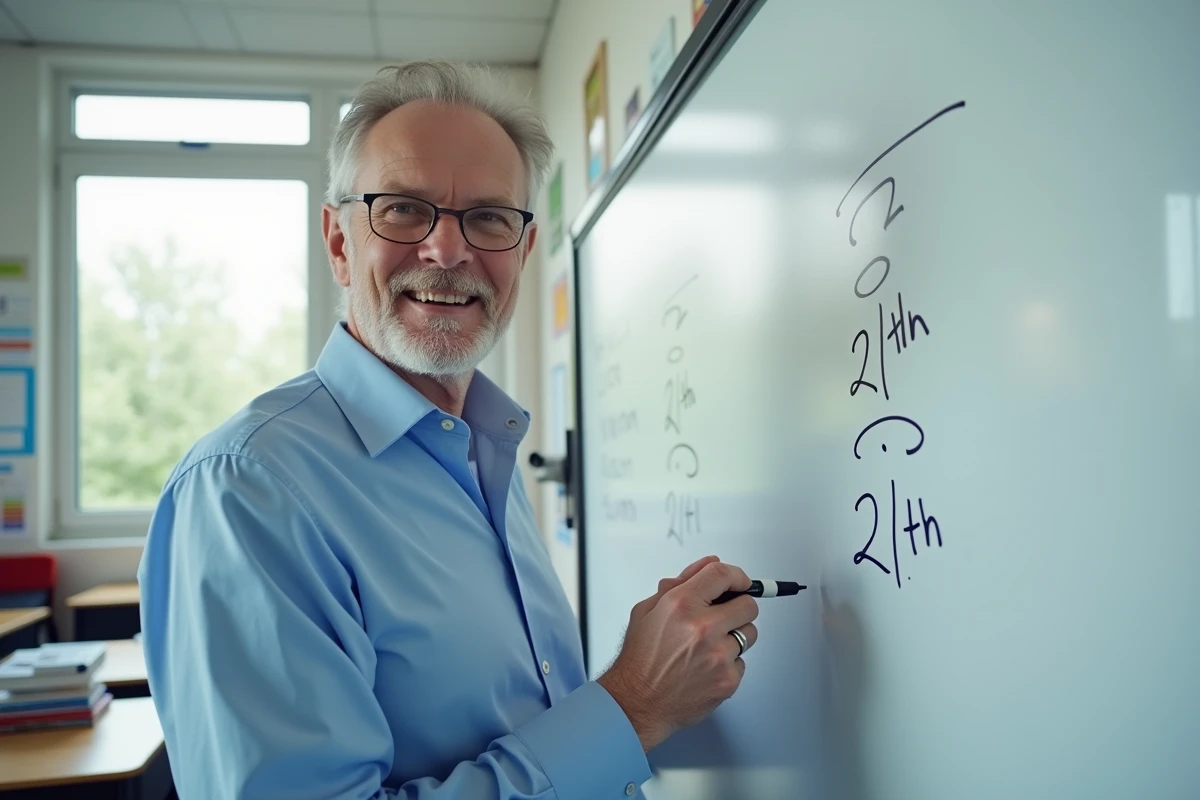 Homme professionnel devant un tableau blanc en classe