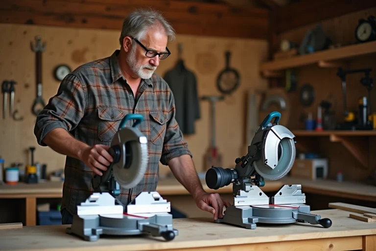Homme moyenâgeux compare scie radiale et à onglet dans son atelier