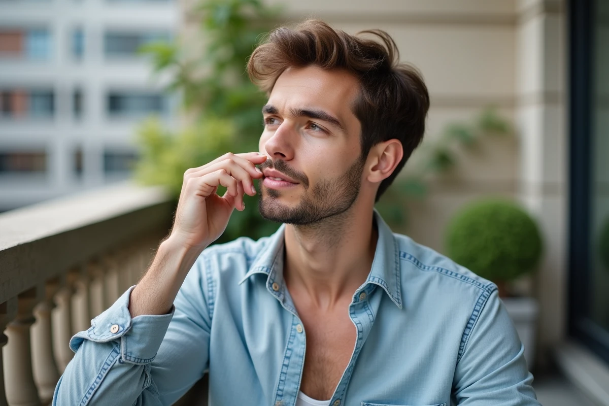 Homme appliquant sérum sur balcon avec vue urbaine