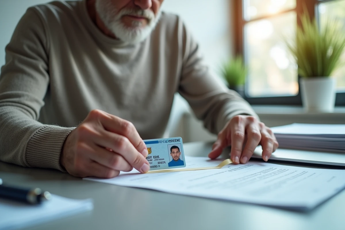 Homme vérifiant son permis de conduire au bureau