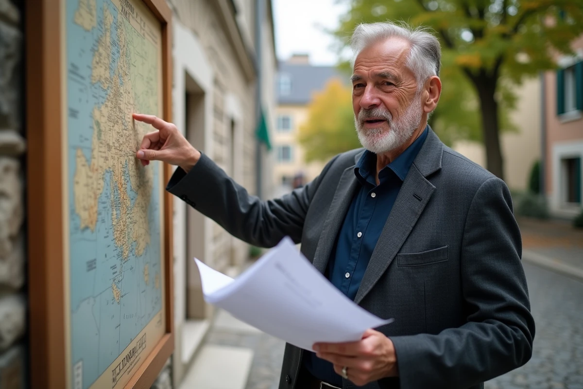 Homme pointant une carte cadastrale devant la mairie en extérieur