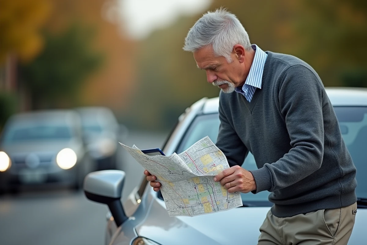 Homme vérifiant une carte routière à côté de sa voiture
