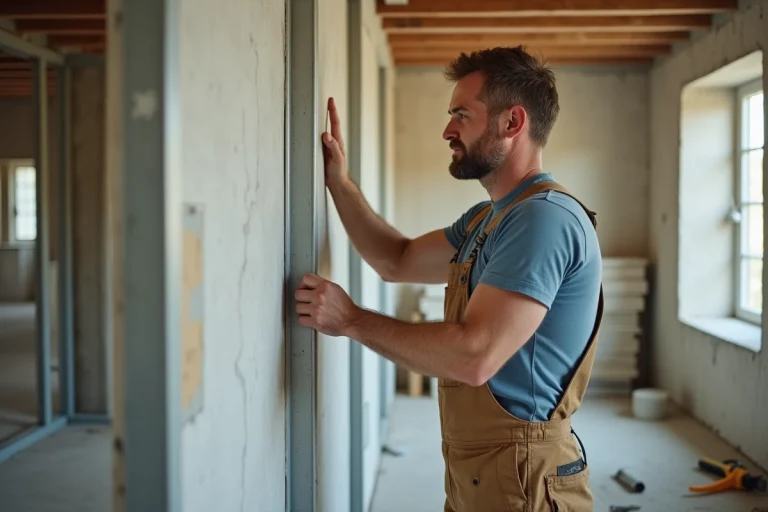 Homme en overalls posant une plaque de plâtre dans une pièce en construction
