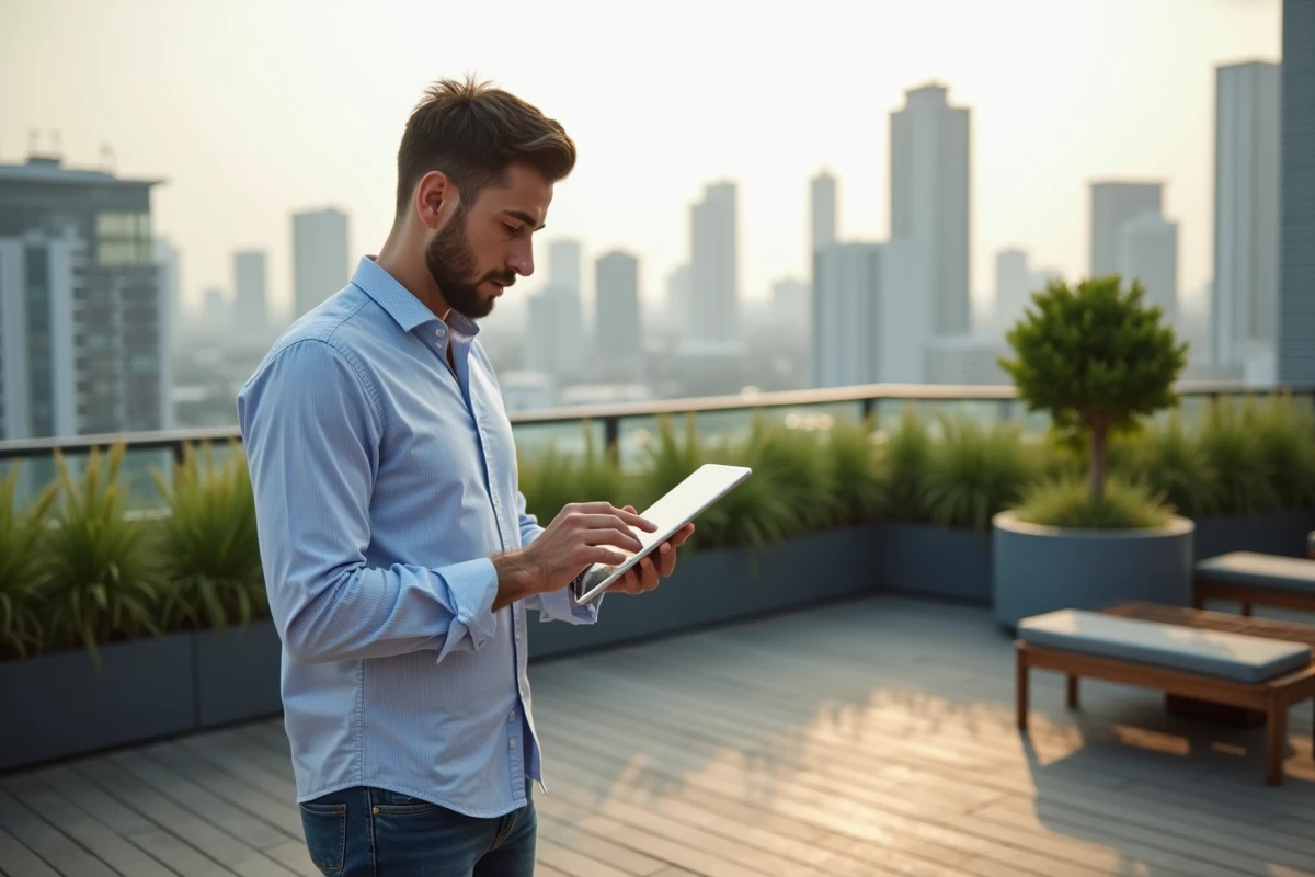 Jeune architect regarde des rendus numériques sur une tablette en extérieur