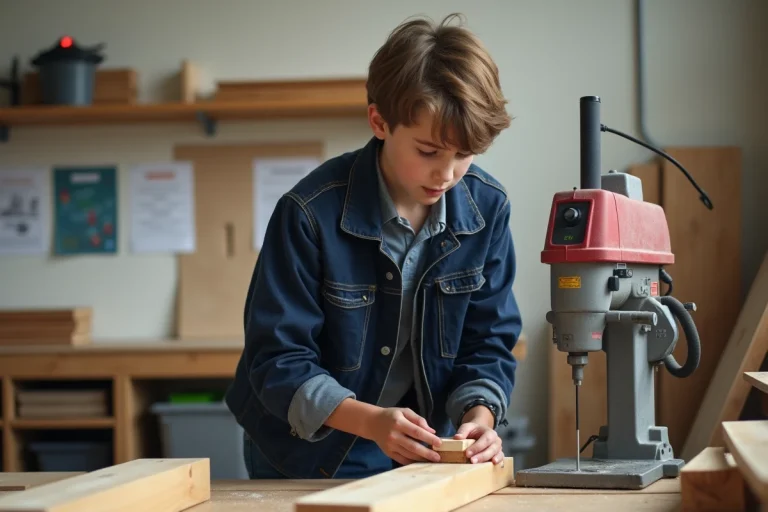 Jeune garçon de 16 ans travaillant dans un atelier de menuiserie