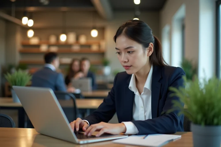 Jeune femme professionnelle utilisant un ordinateur portable dans un espace de coworking