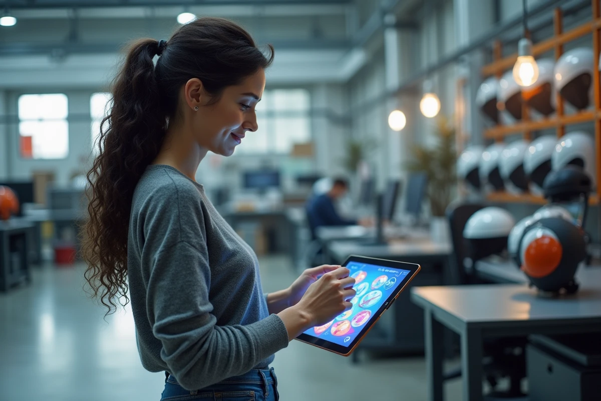 Jeune femme concevant des designs de casque sur tablette