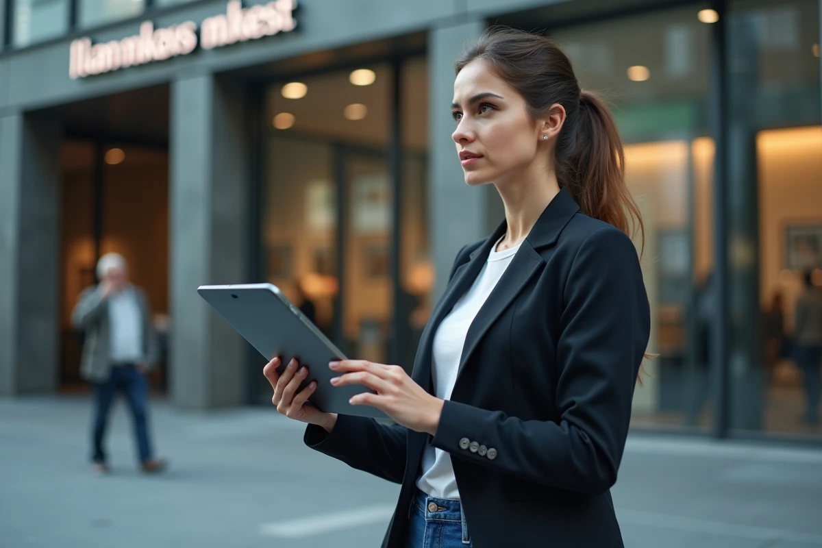 Jeune femme avec tablette financière devant bâtiment moderne