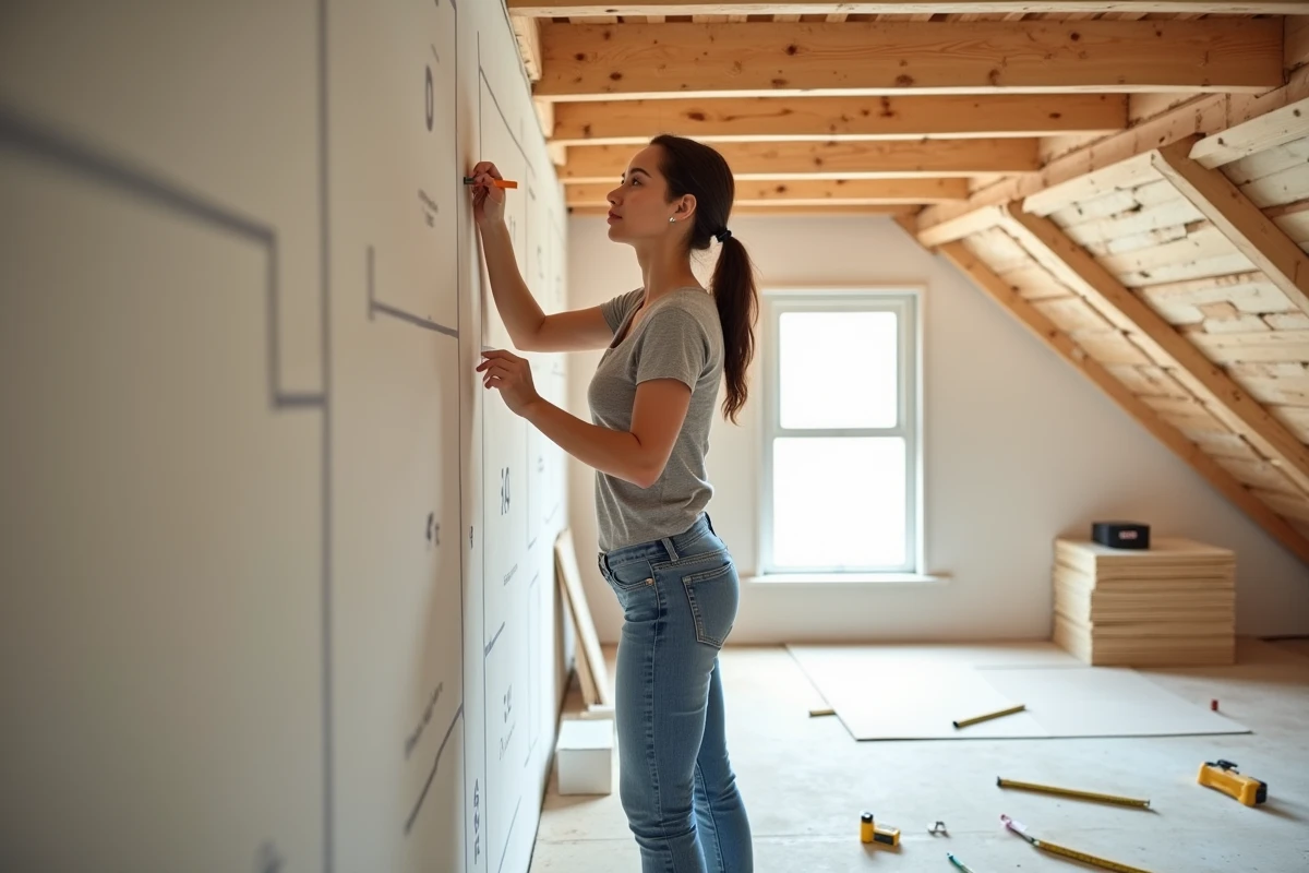 Jeune femme marquant des repères sur un mur pour poser une plaque