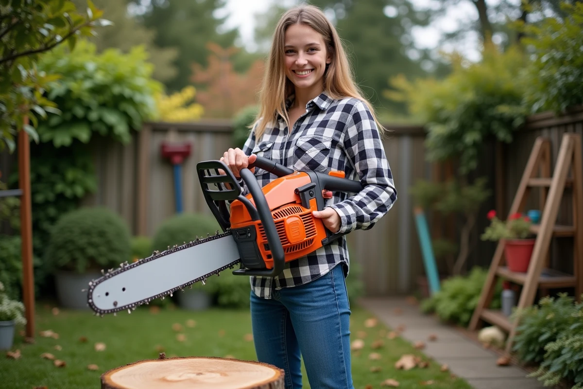 Jeune femme souriante avec une scie sur une souche de bois