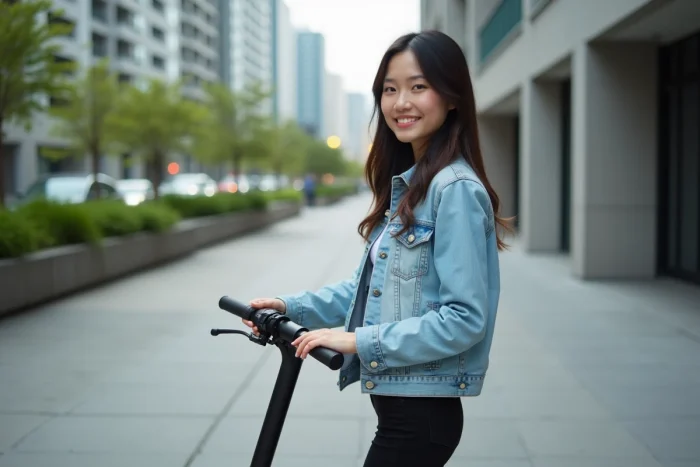 Jeune femme souriante avec scooter en ville