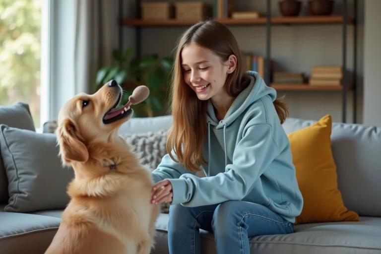 Jeune fille de 15 ans joue avec un golden retriever dans un salon moderne