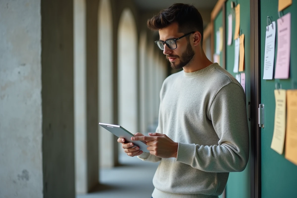 Jeune homme vérifiant sa messagerie universitaire dans le couloir