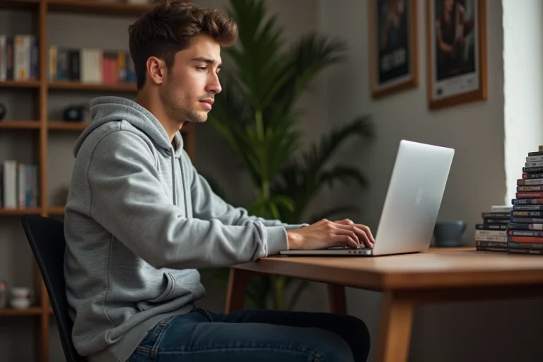 Jeune homme en hoodie utilisant un laptop dans un salon cosy
